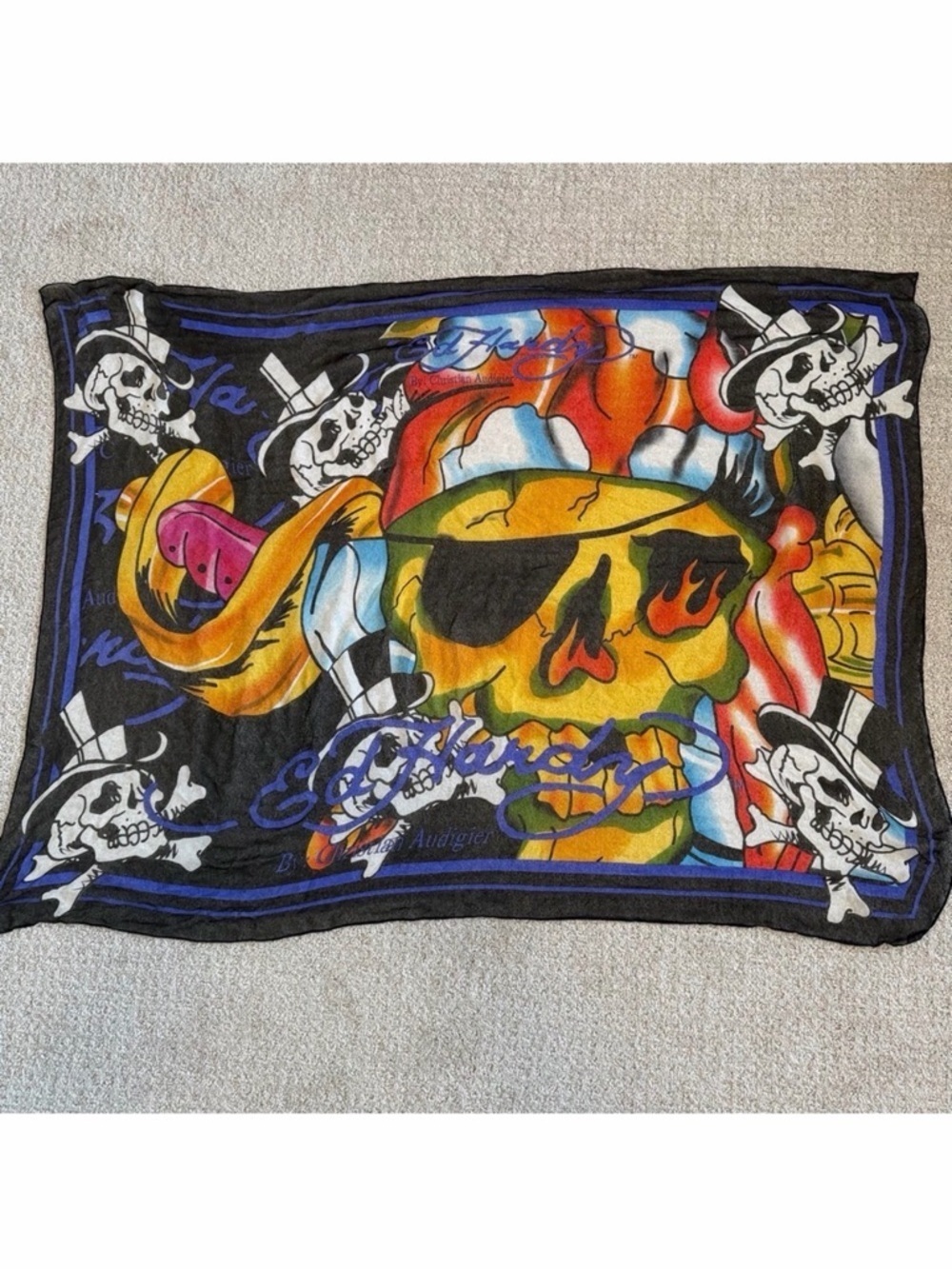 Vintage Ed Hardy Christian Audigier Scarf Chiffon Logo Skulls Biker Rocker Black